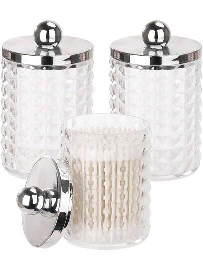 4/Pcs Qtip Holder 10 Oz Plastic Medicine Bottle Set For Bathroom Jar Storage Organization, Bathroom Swab Dispenser, Makeup Round Pads, Dental Floss Picks - Silver Lid , Makeup Room Decor