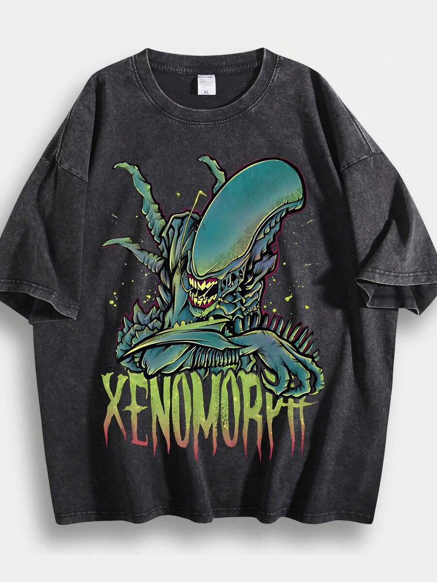 MEN Street Life 1pc Men's Street Style Vintage Washed Xenomorph Graphic Print Short Sleeve Crew Neck Casual T-Shirt 004-A - 黑色 - 查看 1
