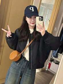 New Autumn/Winter Airport Bomber Jacket For Women, Loose Fit Slimming Design, Casual Zipper Jacket For Petite