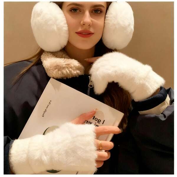 1 Paar Damen gestrickte pelzige Halbfingerhandschuhe, weich und warm Winter Luxus einfarbig Plüsch gestrickte fingerlose Handschuhe, warme Halbfingerhandschuhe, Damen Winter Plüsch gestrickte Handschützer, pelzige Halbfingerhandschuhe, süße Winter fingerlose Handschuhe, gestrickte Plüschhandschuhe mit Daumen Handgelenkbündchen, multifunktional für Touchscreen, geeignet für Büro