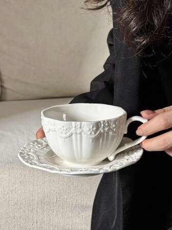 1 st vintage romantisk fransk medeltida stil präglad keramikkopp och fatset, latte art-mugg, frukost-/eftermiddagstekopp