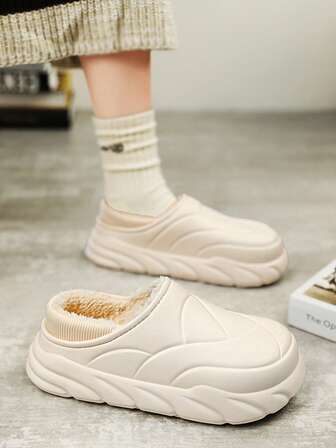 休闲拼布家居拖鞋，新款冬季室内居家厚底保暖防滑情侣拖鞋，舒适情侣鞋带毛绒内衬，两用