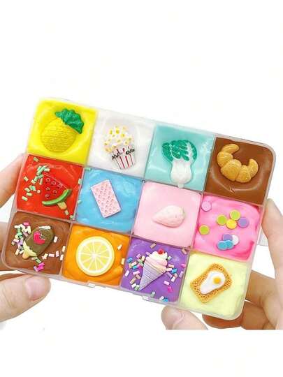 1 hộp bùn bông 12 màu, khay bánh trái cây Giáng sinh, đồ chơi bùn tự làm, đất sét trộn slime. Quà Giáng sinh, thích hợp làm quà sinh nhật cho bé gái, quà slime, đồ chơi bùn pha lê tự làm (Ngẫu nhiên 1 hộp)