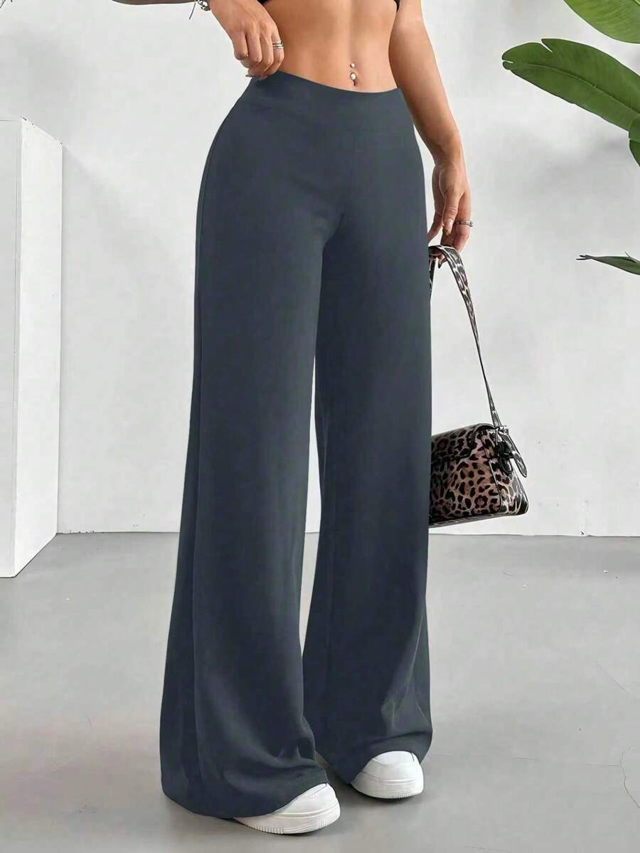Casual Versatile Solid Color Wide Leg Pants Spring - Dark Grey - View 1