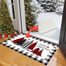 1 pièce Tapis de cuisine, de porte, de salle de bain, de chambre à coucher, de salle à manger, décoration de maison, décoration de fête, décoration de Noël, en matériau imitation cachemire doux avec motif d'arbre de Noël sur fond à carreaux noirs et gris, avec support en TPR, pour la décoration de Noël
