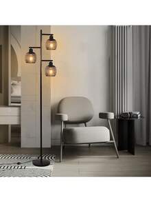 homefire Floor Lamp Living Room Wooden Floor Lamp Black - Retro Vintage Floor Lamp 2-Flame In Industrial Design Made Of Metal With Switch E27 Socket 151cm Floor Lamp For Bedroom (Without Bulb) - 查看 5