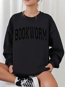 Women'S Bookworm Sweatshirt - Dark Green Literary Pullover With Bold BOOKWORM Lettering, Cozy Long Sleeve Round Neck Sweater For Book Lovers, Casual Everyday & Book Club Outfits - Perfect Gift For Readers, Book Lover Gifts, Reading Apparel, Relaxed Fit, Comfortable Material, Bookish Apparel, Bibliophiles Outfit, Readingthemed Clothing, Retro Design, Soft Fabric, Bibliophile Fashion, Casual Attire - Cozy Fall & Winter Outfit, Seasonal Clothing, Holiday Shoppers - 黑色 - 查看 1