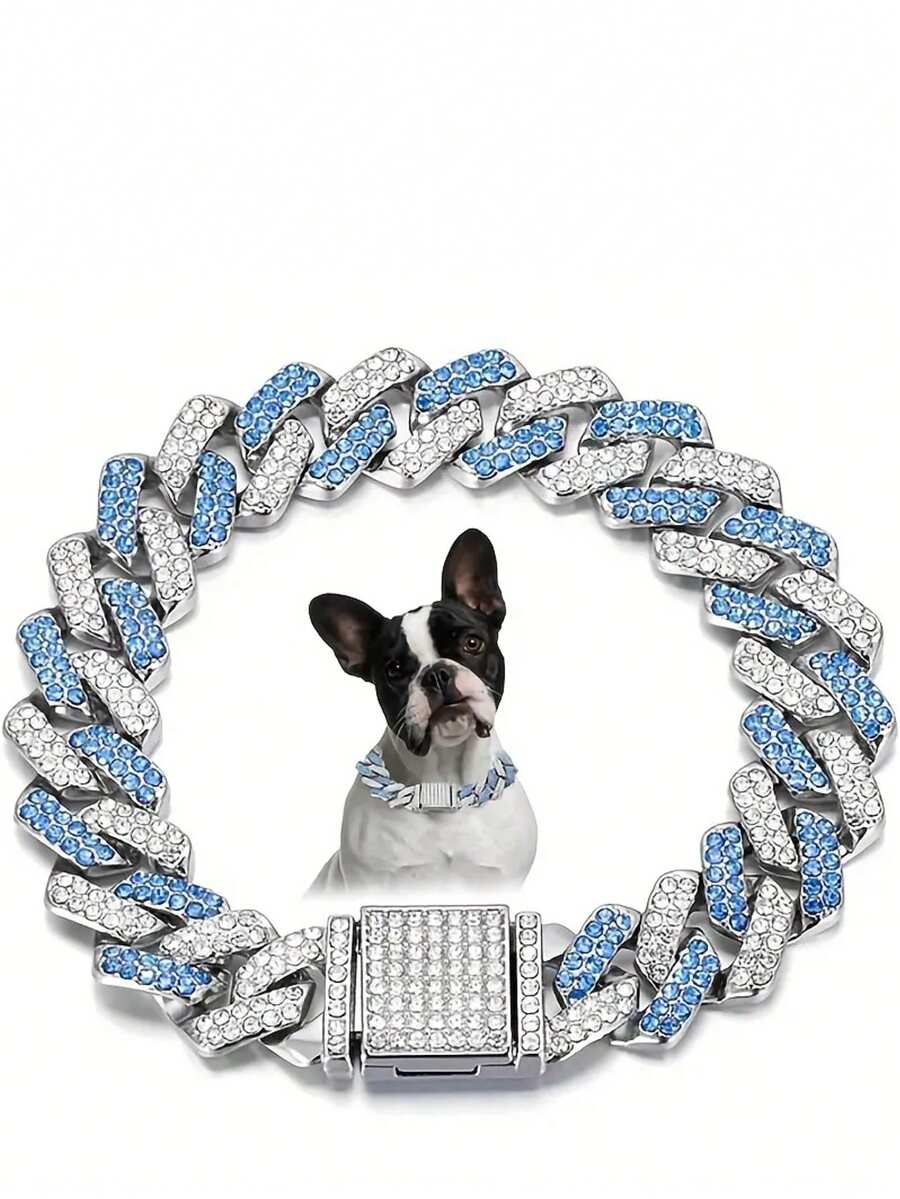 15mm Wide Silver-Blue Dog Collar With Artificial Diamonds, Cuban Chain Necklace For Small, Medium, Large Dogs And Cats, Pet Jewelry Accessories