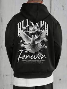 K-GLORY 男士连帽衫，新款秋冬街头风和平鸽和英文标语印花保暖套头卫衣 - 黑色 - 查看 3