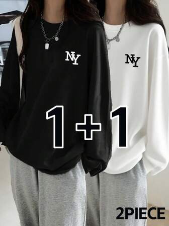 レターとカートゥーンプリントのルーズフィットコットンロングスリーブTシャツ、春秋に活躍