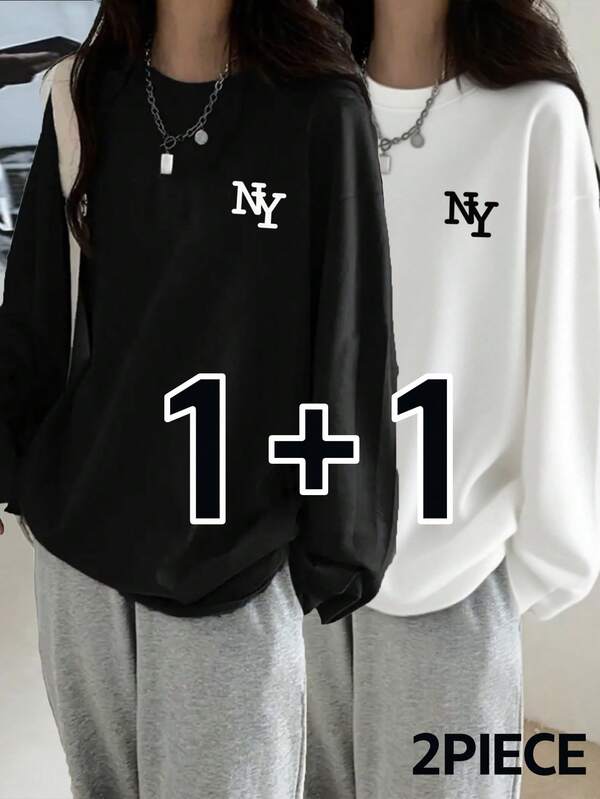 2pcs Women's Loose Fit Cotton Letter & Cartoon Print Long Sleeve T-Shirts, Versatile For Spring & Autumn