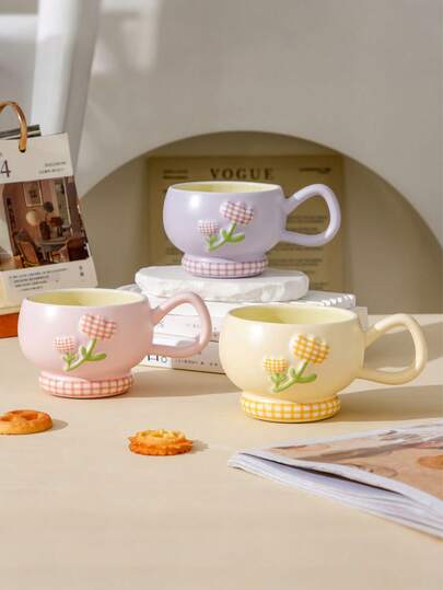 1个450ml格子郁金香花艺陶瓷杯，可爱3D花朵图案，简约风格适合喝咖啡/茶，日常使用，超治愈