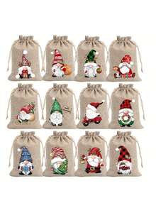 Christmas Linen Gift Bag Set, Santa Drawstring Bag, Suitable For Storing Holiday Party Gifts And Jewelry, Ideal For Christmas And New Year Party Supplies