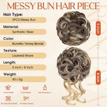 RONTAYA 2PCS Messy Bun Hair Piece Wavy Curly Scrunchies Synthetic Chignon Ponytail Extensions Thick Updo Hairpieces For Women Brunette Honey Blonde - BrunetteHoneyBlonde - Xem 3