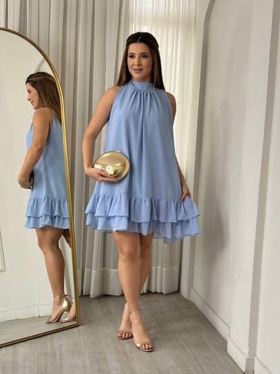 Vestido Feminino Babado Chiffon Forrado Luxo Verão 2026