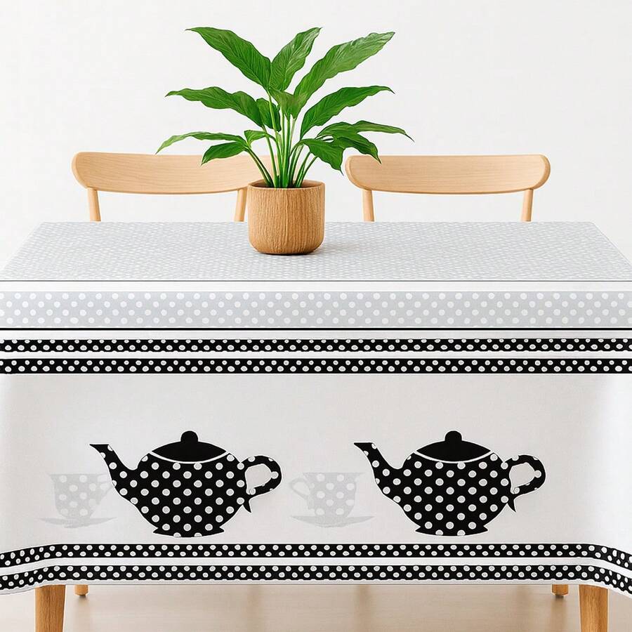 Oxford Printed Hemmed Tablecloth For 4, 6, Or 8 Rectangular Kitchen Dining Chairs - Gray Teapot - View 1