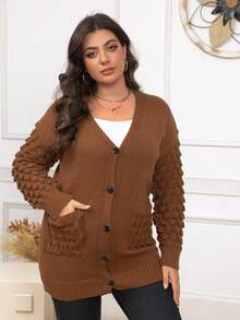 Women's Plus Retro Elegant Casual Chic Urban Modern Commute Office Romantic Vacation Comfortable Home Date Sexy Solid Color Knitted Pocket Front Button Knitted Cardigan, Suitable For Vacation, Beach, Evening Date, Holiday, School, Office, Home, Daily Date, Back To School Party, Single Party, Travel, Country Music Festival, Airport, Spring, Autumn, Winter, Early Autumn, Autumn/Winter