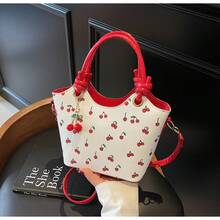 Cherry Print Tote Bag For Women, Fashionable Shoulder Sling Bag, Large Capacity Commuter Handbag With Free Cherry Keychain - Đỏ - Xem 3