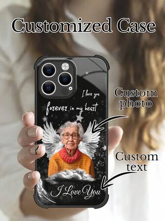 1 pieza Funda de teléfono de vidrio de alta definición personalizada con foto conmemorativa, alas "Por siempre en mi corazón", compatible con Apple 15 Pro Max/17 Pro Max, S24 Ultra, OnePlus y otros modelos