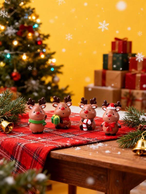 Conjunto de 4 Miniaturas de Alces Natalinos, Lindas Estatuetas de Alces em Resina, Decoração de Natal, Estatuetas de Animais em Resina, Ideais para Decorar Jardins, Espaços Externos, Vasos de Plantas, Aquários, Casas e Carros, Acessórios DIY, Perfeitas como Presentes de Natal, Decoração de Mesa e Decoração Natalina para Casa