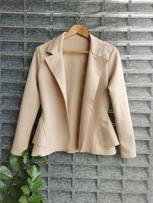 Women's Formal Blazer With Ruffle Details On The Sides, Thick Neoprene Fabric - Beige - View 1