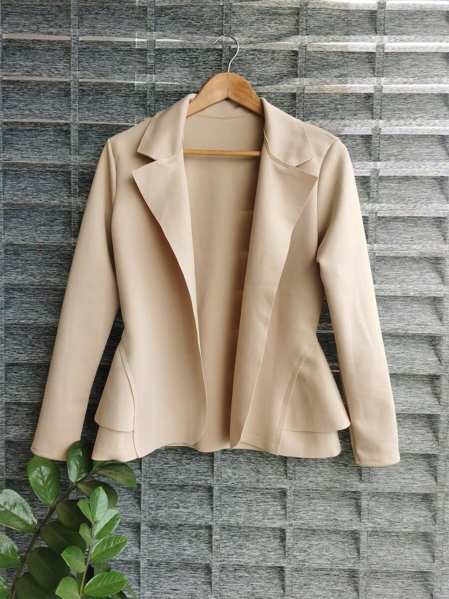 Women's Formal Blazer With Ruffle Details On The Sides, Thick Neoprene Fabric - Beige - View 1