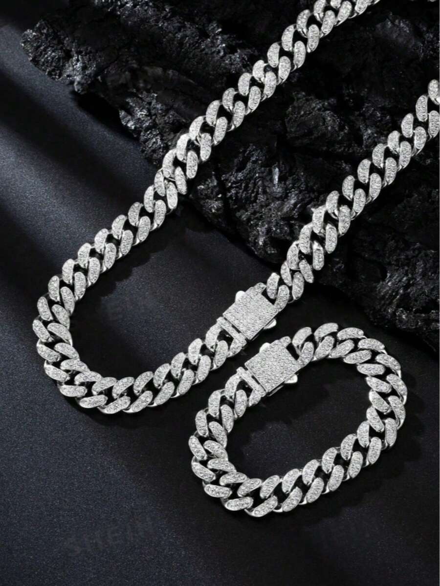 1 Set Unisex Personalized Silver, Hip Hop Rhinestone Encrusted Thick Necklace & Bracelet Butterfly Clasp Combination, European And American Style Thick Gold Chain, Street Hip Hop Rhinestone Necklace & Bracelet Set, Suitable For Women's Daily Wear