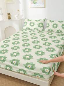 1 Stück Spannbetttuch, Bettwäsche-Set, grüner Blume Muster Matratzenbezug, atmungsaktiver rutschfester Matratzenschoner, Pillingresistent, staubresistent, maschinenwaschbar, Herbstdekoration, garteninspirierte Heimdekoration, naturthematische Bettwäsche
