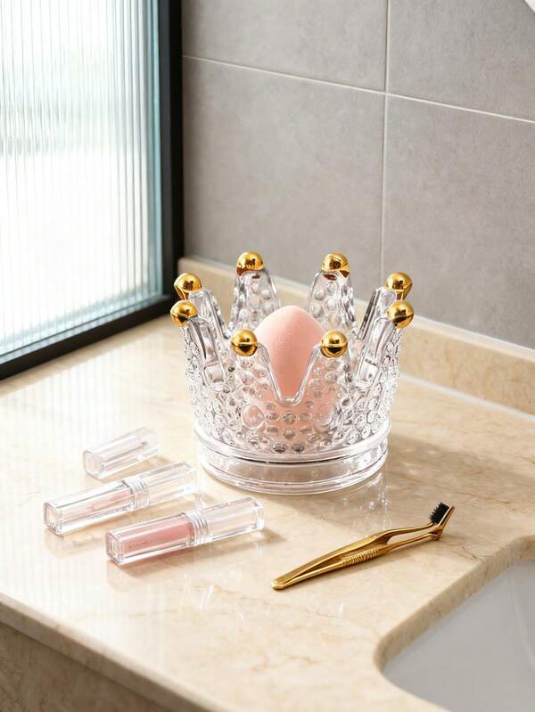 1pc Crown Glass Candle Holder And Ashtray With Gold Sphere Handle, Makeup Egg Desk Decor Storage Container, Suitable For Home, Wedding, Party, Durable Polished Glass Structure