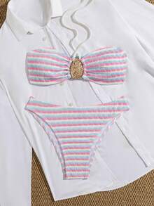 两件套：挂脖条纹比基尼上衣和三角比基尼泳裤，适合夏季，欧美风格 - 白粉紅藍條 - 查看 2