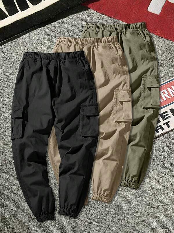 3pcs Boys' Casual Versatile School Style Comfortable Sports Cargo Pants, Spring/Autumn