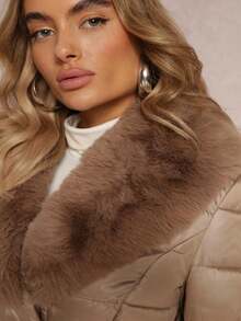 Quilted Jacket With Belt And Fur Collar - Beige - View 5