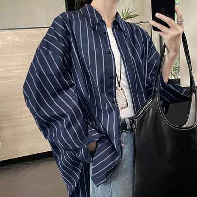 플러스플러스 사이즈 여성 빈티지 캐주얼 스트라이프 버튼 프론트 루즈 블라우스, 데일리 및 홈웨어에 적합