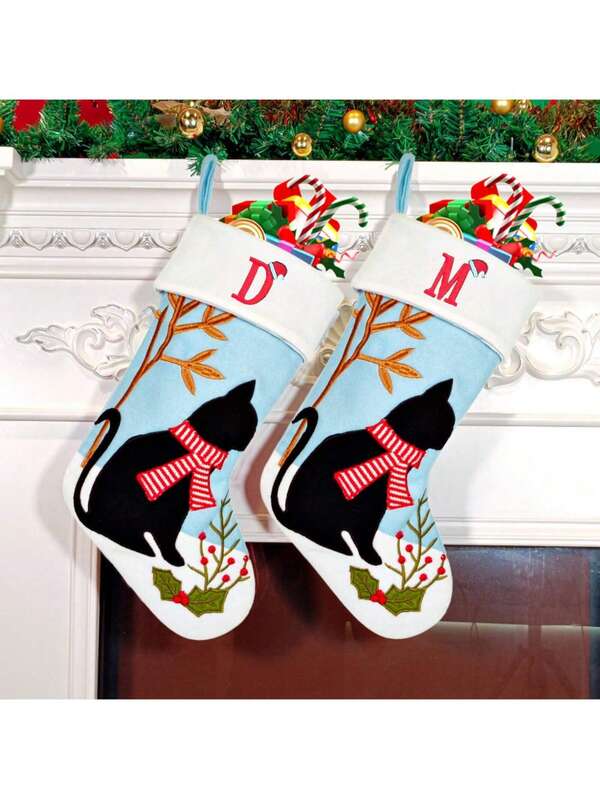 1 Stück personalisierte Weihnachtsstrumpf für Hunde und Katzen, individuelle Haustier-Strümpfe mit gesticktem Initialbuchstaben, Weihnachtsstrümpfe mit Katzen- und Hundmotiven, Weihnachtsdekoration Kamin Strumpf Aufhänger Heim Deko Weihnachtsdekorationen Zimmer Deko