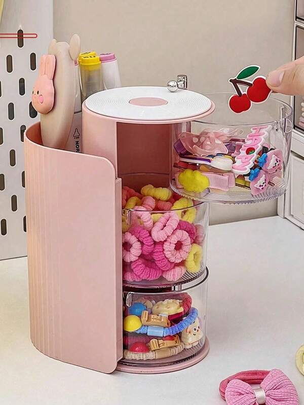 1pc Multi-Layer Rotating Storage Box With Compartments, Clips, Headbands, Headband Holder, Dust-Proof Display Case, Comb, Glasses, Brush, Pencil, Simple & Practical PET Material Jewelry Box, Perfect Gift For Birthday, Gender Reveal Party, Wedding, Party, Colleagues, Friends And Family, Back To School
