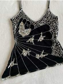 Mermaid Girl Fantasy Irregular Sequin Mesh Suspender Vest Sexy Hot Girl Top 2025 Summer Women's Design Sense - 黑色 - 查看 2