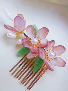 1 件/优雅紫色胖桃花设计发夹，长 7 厘米中国古风旗袍发饰，长流苏，金属材质永久保色，易于使用，婚礼