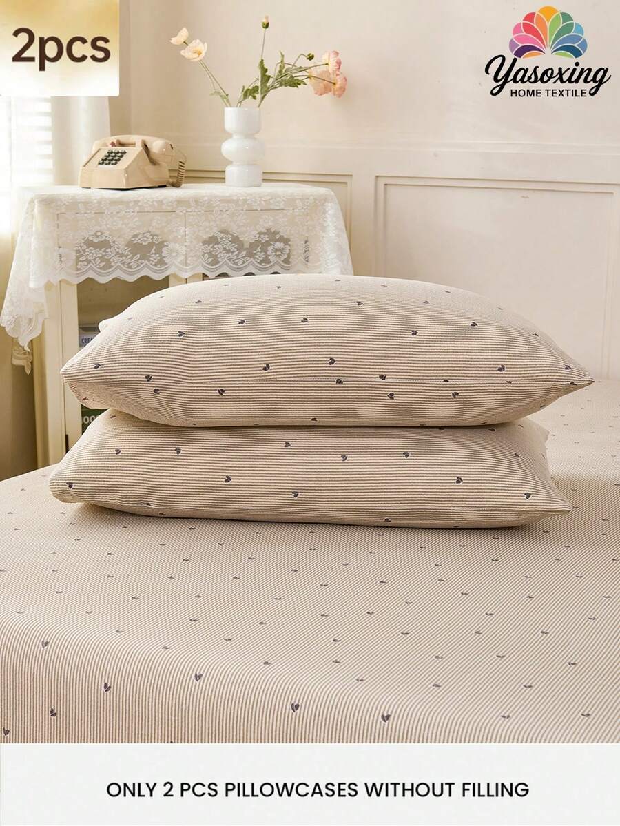 2pcs Striped Heart Pattern Pillowcase Set (Pillow Insert Not Included), Decorative Pillowcase, Super Soft & Breathable, Machine Washable, Suitable For Dorm, Back To School Season And More - Multicolor - View 1