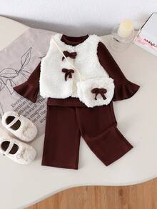 女婴休闲保暖仿毛皮上衣+棕色内搭+裤子三件套，秋冬季 - 酒紅色 - 查看 1