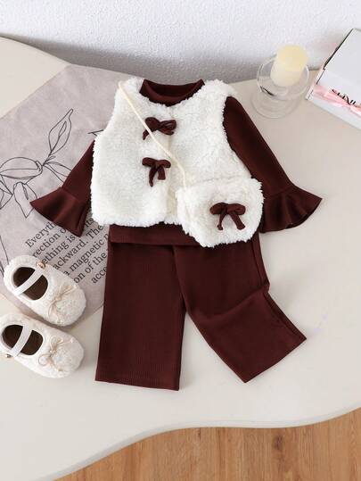 3 st set med varm fuskpälstopp + brunt undertröja + byxor för babyflicka, höst/vinter