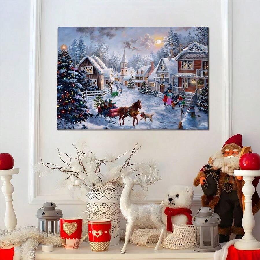 1pc Solid Wood Frame Christmas Snow Scene, Cozy Home, Classic Romantic Style Theme Canvas Posters & Prints, Large Canvas Wall Art, 2D Flat, Easy Hang Tabletop Or Wall Display, For Halloween, Christmas Gifts, Bedroom, Living Room, Decoration Ready To Hang - Nhiều màu - Xem 1