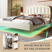 140*200cm/160*200cm, struttura letto moderna bianca con design sospeso, testiera a petalo e pratico spazio di archiviazione, illuminazione a LED e porta USB TYPE-C, elegante e confortevole.