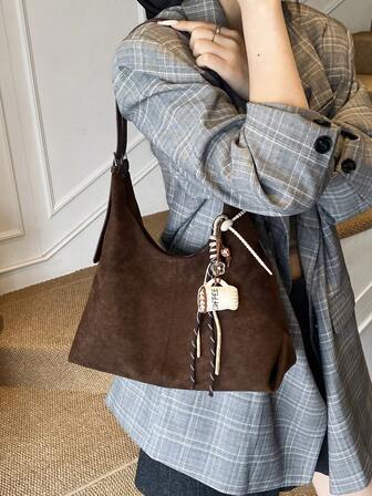 1pc Solid Color Suede Fabric Women's Retro Casual Large Capacity One Shoulder Messenger Bag, Double Handle Design, Zipper Closure, Pleated Design, Magnetic Snap Closure, Suitable For Daily Shopping