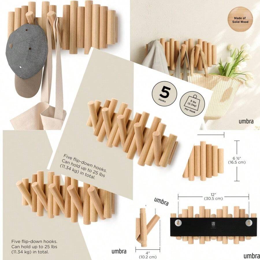 Picket WallMounted Coat Rack Rail Hook With 5 Retractable Wood Pegs ...