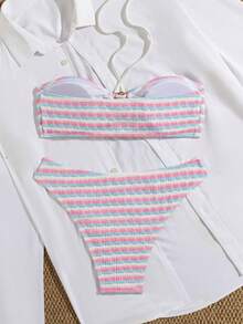 两件套：挂脖条纹比基尼上衣和三角比基尼泳裤，适合夏季，欧美风格 - 白粉紅藍條 - 查看 5