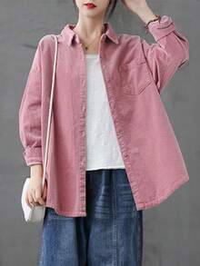 Women's Spring/Fall New Retro Corduroy Shirt Jacket - Collared Long-Sleeve Button-Front, Lightweight Woven Fabric, Pockets, Regular Length, Versatile Pink Casual Outerwear