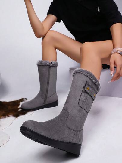 女士中筒雪地靴，加厚保暖内衬，坡跟，保暖柔软材质，侧拉链，圆头，多功能冬季户外靴（鞋口和鞋长偏小一码）