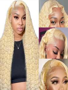613 250 Density Deep Wave Wigs Human Hair 13x6 HD Transparent Lace Front Wigs Human Hair Pre Plucked Glueless With Baby Hair Blonde Colored Brazilian Remy Kinky Curly Lace Closure Wigs For Women Daily Use - 金色 - 查看 4