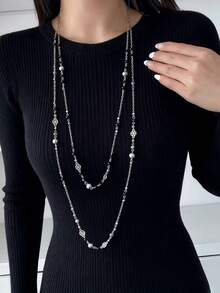 1pc Vintage Bohemian Faux Pearl Tassel Sweater Chain Necklace, Double Layer Long Necklace
