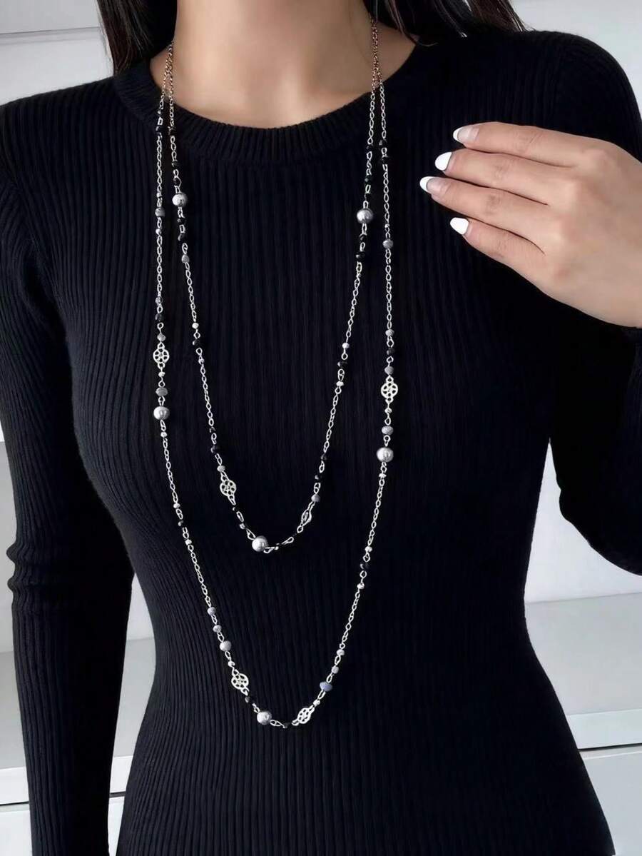 1pc Vintage Bohemian Faux Pearl Tassel Sweater Chain Necklace, Double Layer Long Necklace